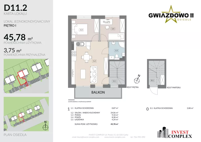 3 pokoje, mieszkanie 49,66 m², piętro 1, oferta nr D11.2, Osiedle Gwiazdowo II, Kostrzyn, Gwiazdowo, ul. Półwiejska
