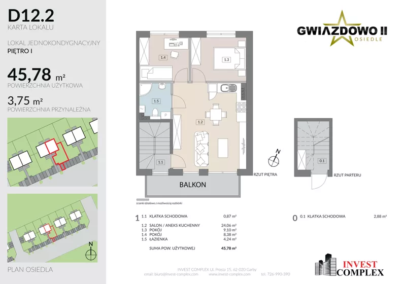 3 pokoje, mieszkanie 49,66 m², piętro 1, oferta nr D12.2, Osiedle Gwiazdowo II, Kostrzyn, Gwiazdowo, ul. Półwiejska