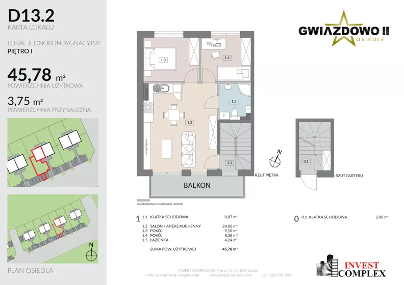 3 pokoje, mieszkanie 49,66 m², piętro 1, oferta nr D13.2, Osiedle Gwiazdowo II, Kostrzyn, Gwiazdowo, ul. Półwiejska