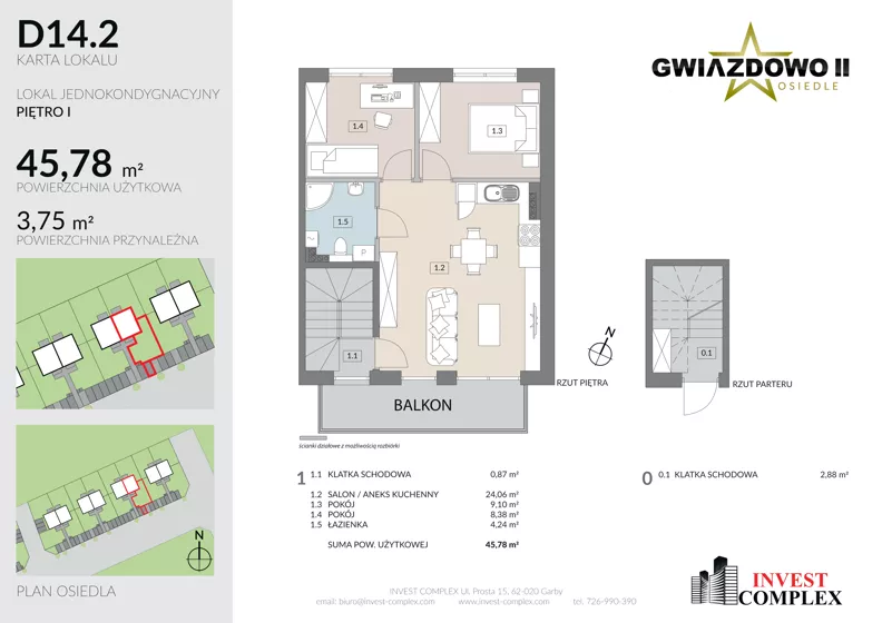 3 pokoje, mieszkanie 49,66 m², piętro 1, oferta nr D14.2, Osiedle Gwiazdowo II, Kostrzyn, Gwiazdowo, ul. Półwiejska