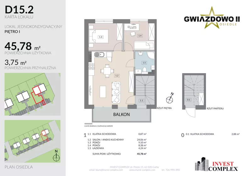 3 pokoje, mieszkanie 49,66 m², piętro 1, oferta nr D15.2, Osiedle Gwiazdowo II, Kostrzyn, Gwiazdowo, ul. Półwiejska