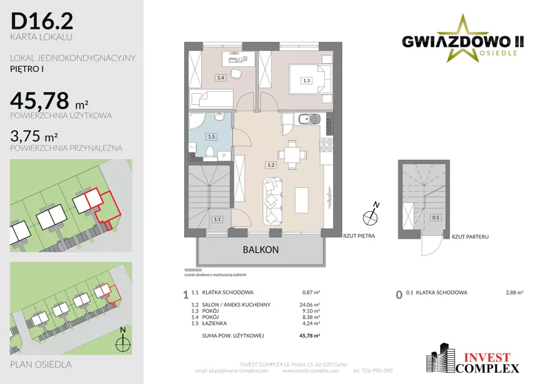 3 pokoje, mieszkanie 49,66 m², piętro 1, oferta nr D16.2, Osiedle Gwiazdowo II, Kostrzyn, Gwiazdowo, ul. Półwiejska