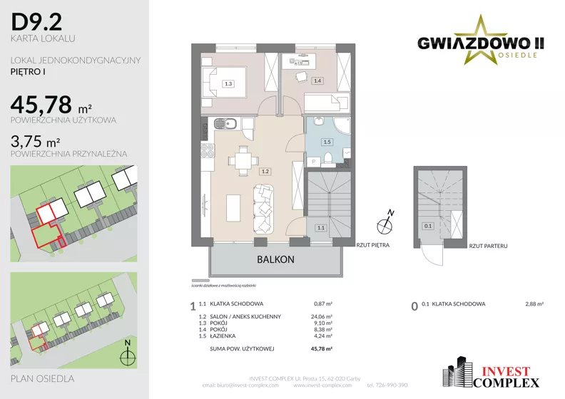 3 pokoje, mieszkanie 49,66 m², piętro 1, oferta nr D9.2, Osiedle Gwiazdowo II, Kostrzyn, Gwiazdowo, ul. Półwiejska
