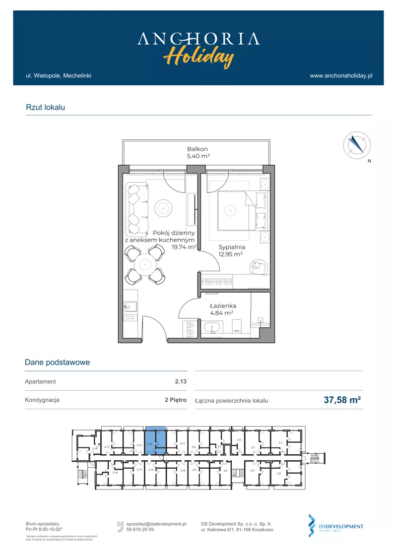 2 pokoje, apartament inwestycyjny 37,58 m², piętro 2, oferta nr 2.13, Anchoria Holiday, Mechelinki, ul. Wielopole 36