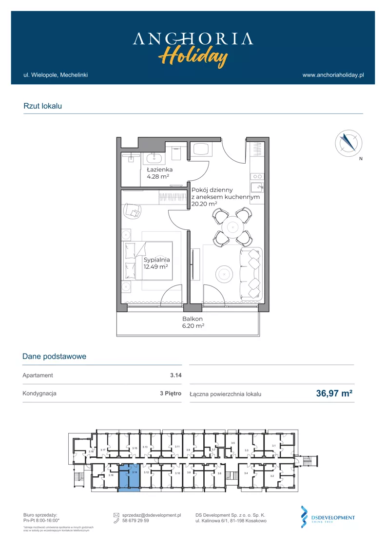 2 pokoje, apartament inwestycyjny 36,97 m², piętro 3, oferta nr 3.14, Anchoria Holiday, Mechelinki, ul. Wielopole 36
