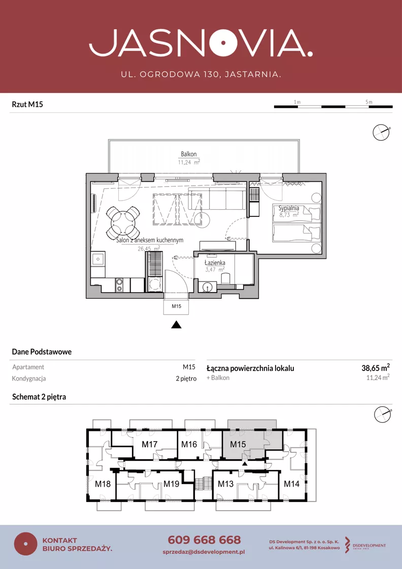 2 pokoje, apartament inwestycyjny 38,65 m², piętro 2, oferta nr M15, JASNOVIA, Jastarnia, ul. Ogrodowa 130