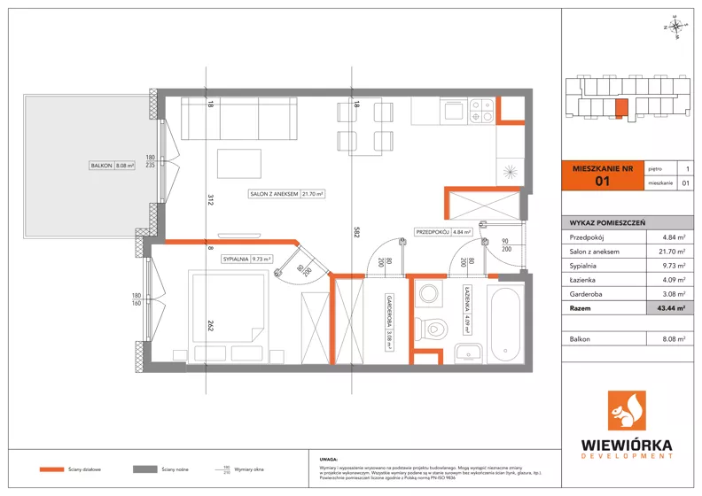 2 pokoje, mieszkanie 43,44 m², piętro 1, oferta nr A01, Poznańska 127, Ożarów Mazowiecki, ul. Poznańska 127B