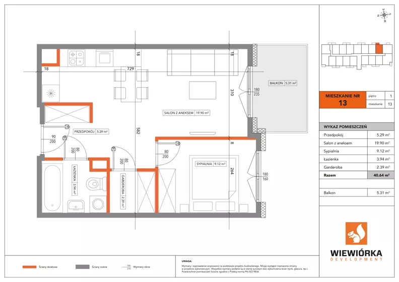2 pokoje, mieszkanie 40,64 m², piętro 1, oferta nr A13, Poznańska 127, Ożarów Mazowiecki, ul. Poznańska 127B