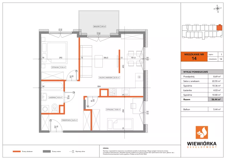 3 pokoje, mieszkanie 56,44 m², piętro 1, oferta nr A14, Poznańska 127, Ożarów Mazowiecki, ul. Poznańska 127B
