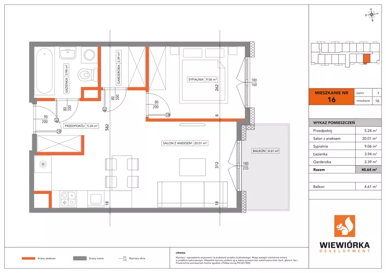 2 pokoje, mieszkanie 40,64 m², piętro 1, oferta nr A16, Poznańska 127, Ożarów Mazowiecki, ul. Poznańska 127B