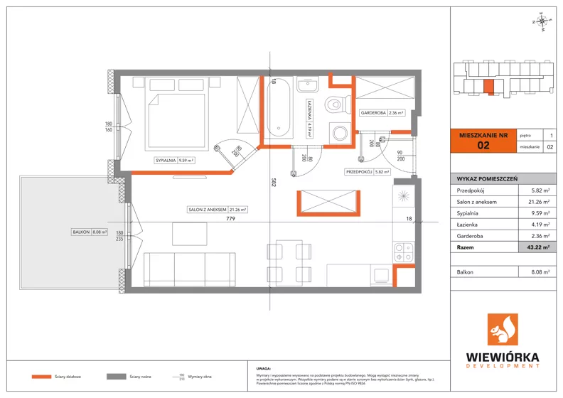 2 pokoje, mieszkanie 43,22 m², piętro 1, oferta nr A02, Poznańska 127, Ożarów Mazowiecki, ul. Poznańska 127B