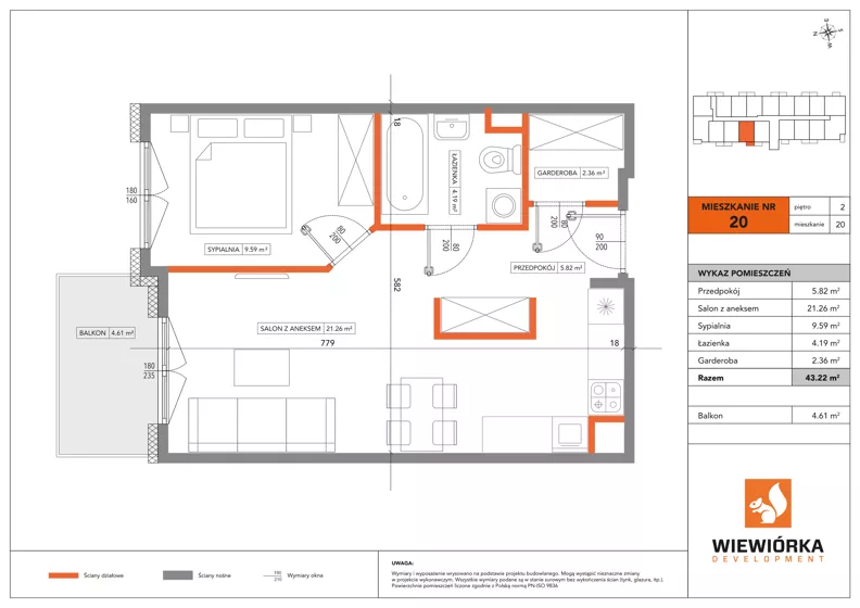 2 pokoje, mieszkanie 43,22 m², piętro 2, oferta nr A20, Poznańska 127, Ożarów Mazowiecki, ul. Poznańska 127B