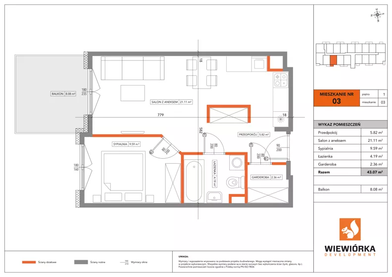 2 pokoje, mieszkanie 43,07 m², piętro 1, oferta nr A03, Poznańska 127, Ożarów Mazowiecki, ul. Poznańska 127B