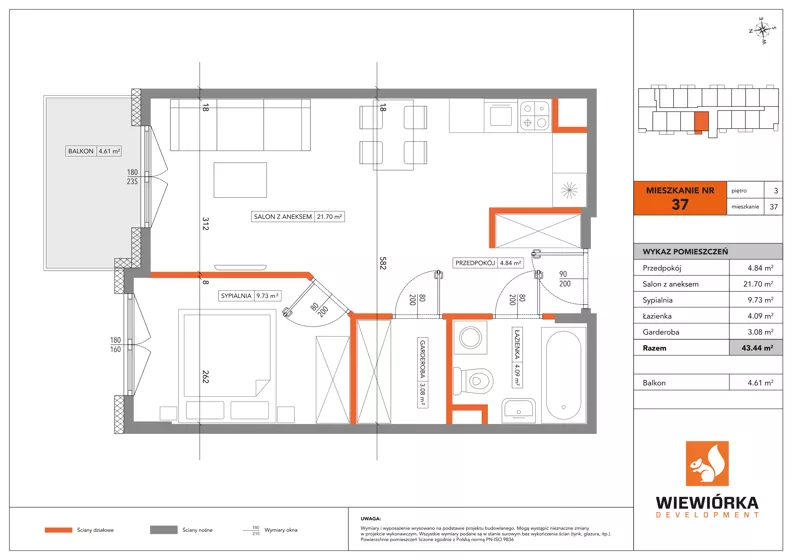 2 pokoje, mieszkanie 43,44 m², piętro 3, oferta nr A37, Poznańska 127, Ożarów Mazowiecki, ul. Poznańska 127B