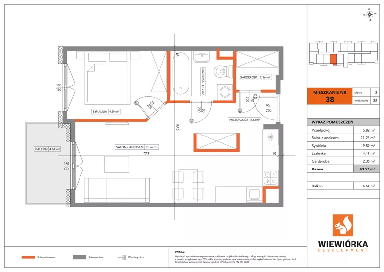 2 pokoje, mieszkanie 43,22 m², piętro 3, oferta nr A38, Poznańska 127, Ożarów Mazowiecki, ul. Poznańska 127B