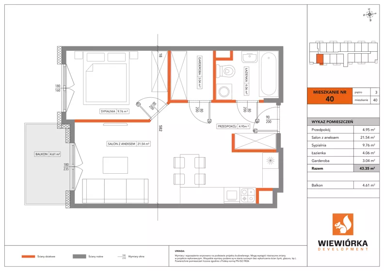 2 pokoje, mieszkanie 43,35 m², piętro 3, oferta nr A40, Poznańska 127, Ożarów Mazowiecki, ul. Poznańska 127B
