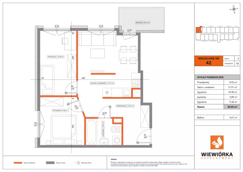 3 pokoje, mieszkanie 50,03 m², piętro 3, oferta nr A42, Poznańska 127, Ożarów Mazowiecki, ul. Poznańska 127B