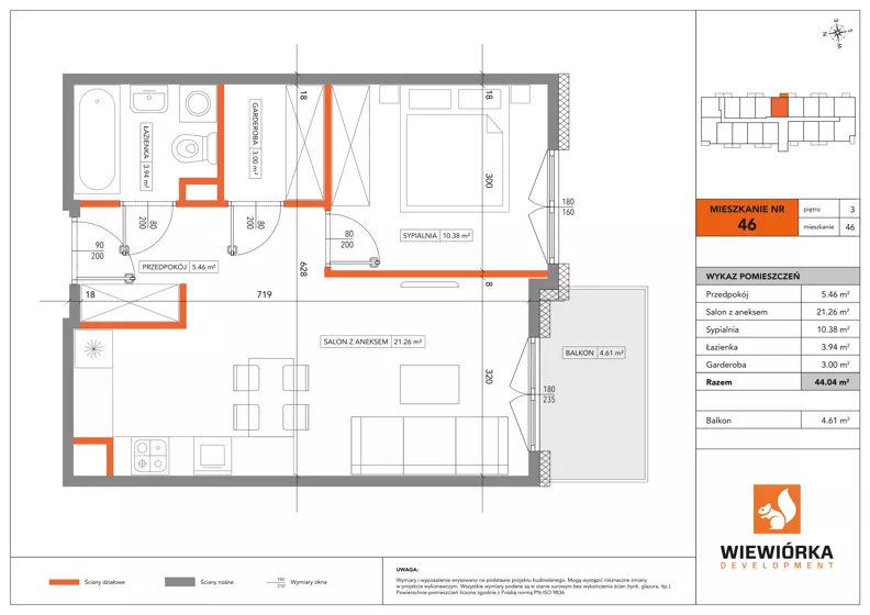 2 pokoje, mieszkanie 44,04 m², piętro 3, oferta nr A46, Poznańska 127, Ożarów Mazowiecki, ul. Poznańska 127B
