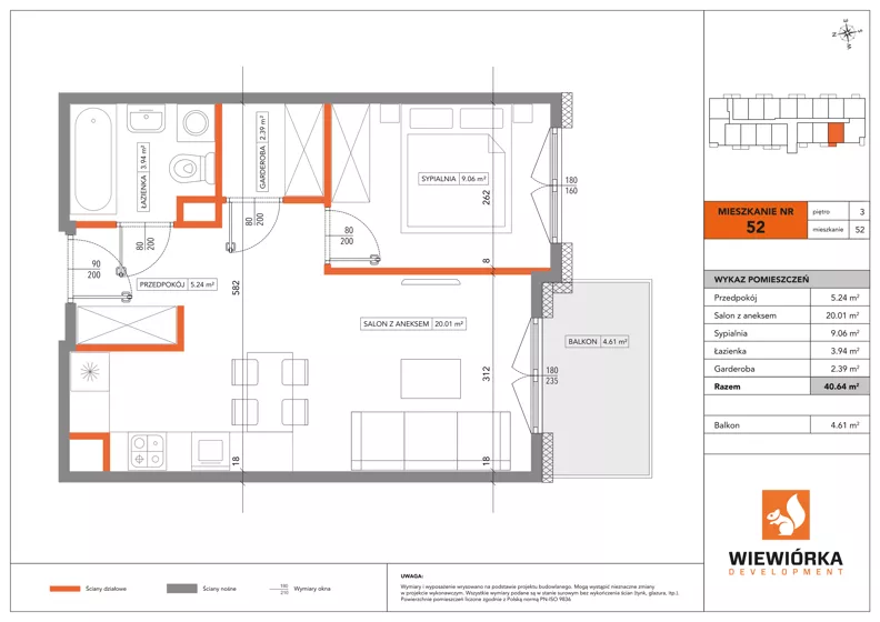 2 pokoje, mieszkanie 40,64 m², piętro 3, oferta nr A52, Poznańska 127, Ożarów Mazowiecki, ul. Poznańska 127B
