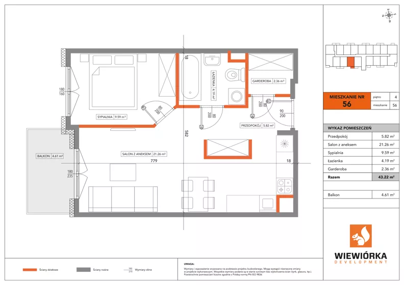 2 pokoje, mieszkanie 43,22 m², piętro 4, oferta nr A56, Poznańska 127, Ożarów Mazowiecki, ul. Poznańska 127B