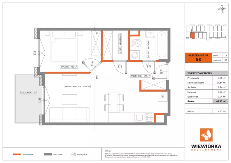 2 pokoje, mieszkanie 43,35 m², piętro 4, oferta nr A58, Poznańska 127, Ożarów Mazowiecki, ul. Poznańska 127B