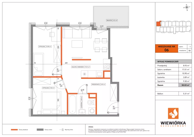 3 pokoje, mieszkanie 50,03 m², piętro 1, oferta nr A06, Poznańska 127, Ożarów Mazowiecki, ul. Poznańska 127B