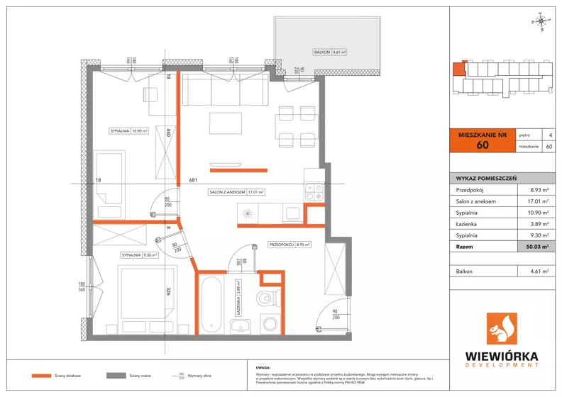 3 pokoje, mieszkanie 50,03 m², piętro 4, oferta nr A60, Poznańska 127, Ożarów Mazowiecki, ul. Poznańska 127B