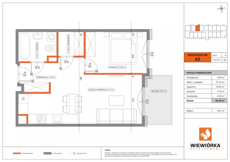 2 pokoje, mieszkanie 43,23 m², piętro 4, oferta nr A62, Poznańska 127, Ożarów Mazowiecki, ul. Poznańska 127B