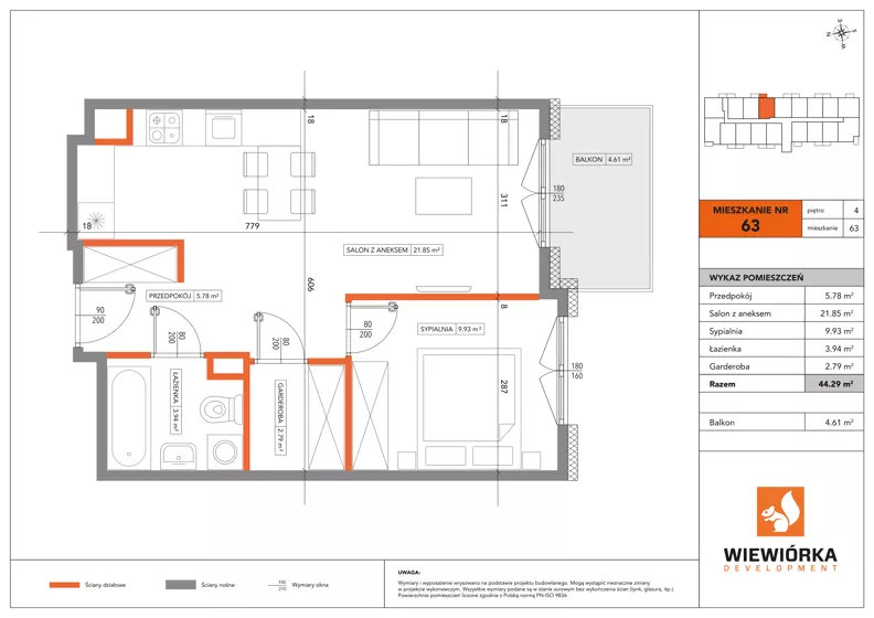 2 pokoje, mieszkanie 44,29 m², piętro 4, oferta nr A63, Poznańska 127, Ożarów Mazowiecki, ul. Poznańska 127B