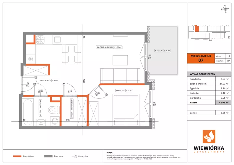 2 pokoje, mieszkanie 42,98 m², piętro 1, oferta nr A07, Poznańska 127, Ożarów Mazowiecki, ul. Poznańska 127B