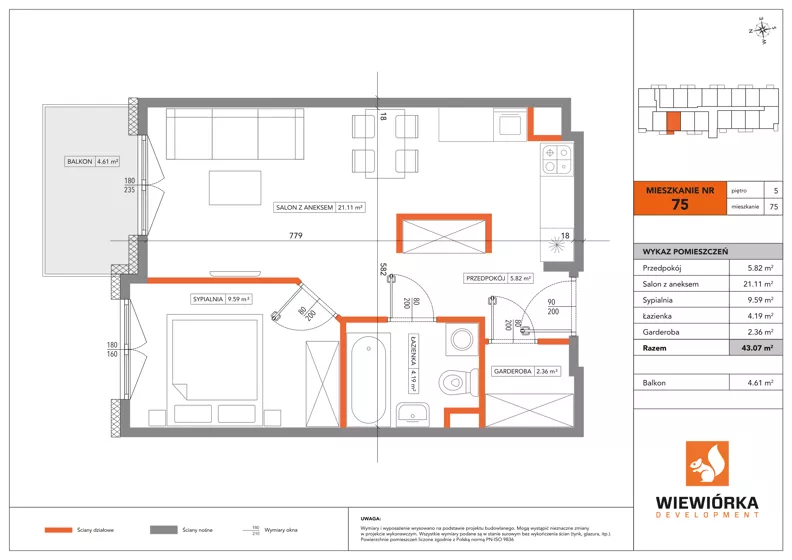 2 pokoje, mieszkanie 43,07 m², piętro 5, oferta nr A75, Poznańska 127, Ożarów Mazowiecki, ul. Poznańska 127B