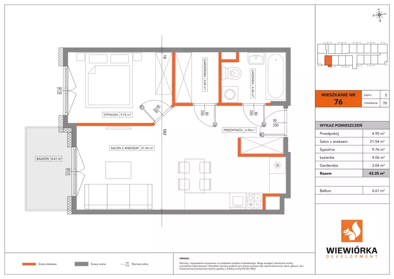 2 pokoje, mieszkanie 43,35 m², piętro 5, oferta nr A76, Poznańska 127, Ożarów Mazowiecki, ul. Poznańska 127B