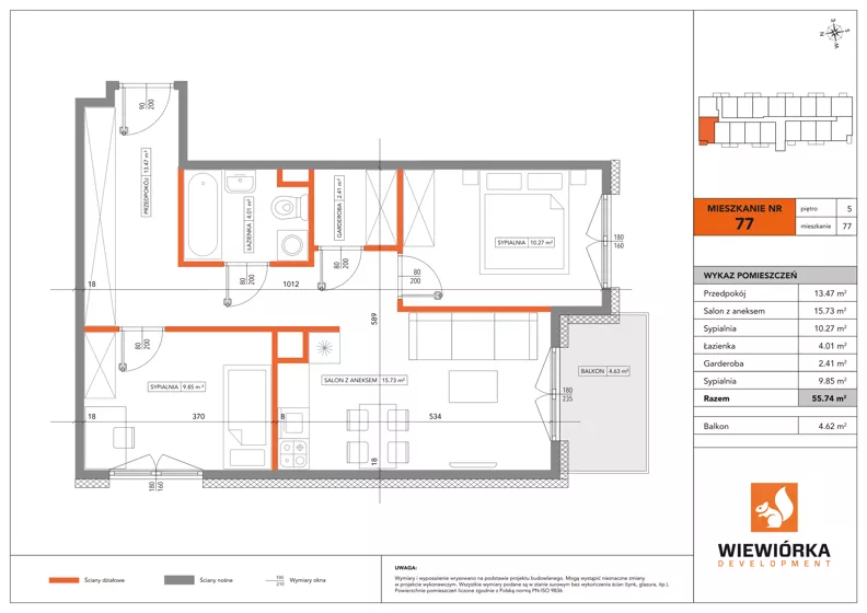 3 pokoje, mieszkanie 55,74 m², piętro 5, oferta nr A77, Poznańska 127, Ożarów Mazowiecki, ul. Poznańska 127B
