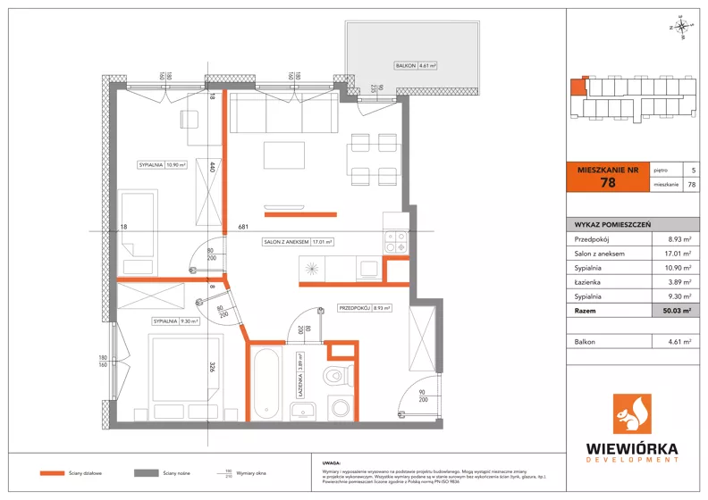3 pokoje, mieszkanie 50,03 m², piętro 5, oferta nr A78, Poznańska 127, Ożarów Mazowiecki, ul. Poznańska 127B
