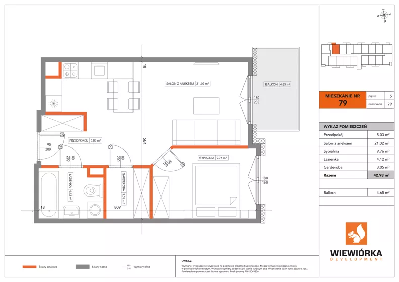 2 pokoje, mieszkanie 42,98 m², piętro 5, oferta nr A79, Poznańska 127, Ożarów Mazowiecki, ul. Poznańska 127B