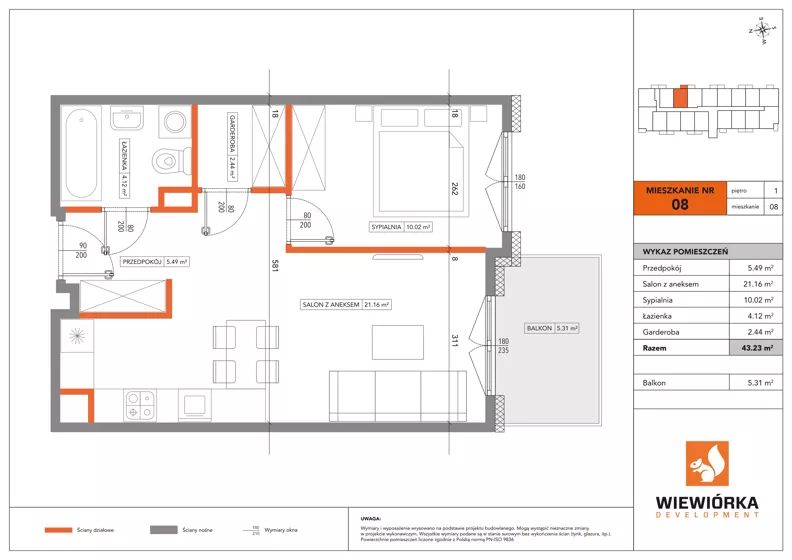 2 pokoje, mieszkanie 43,23 m², piętro 1, oferta nr A08, Poznańska 127, Ożarów Mazowiecki, ul. Poznańska 127B