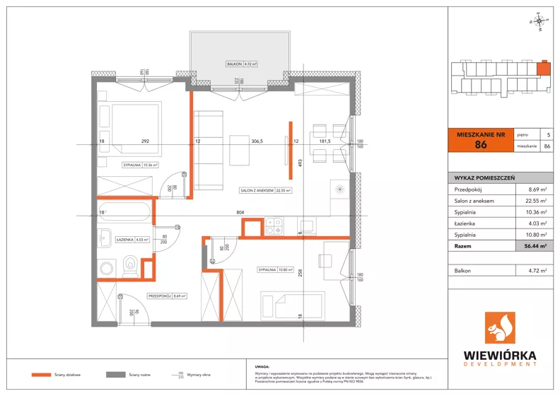 3 pokoje, mieszkanie 56,44 m², piętro 5, oferta nr A86, Poznańska 127, Ożarów Mazowiecki, ul. Poznańska 127B