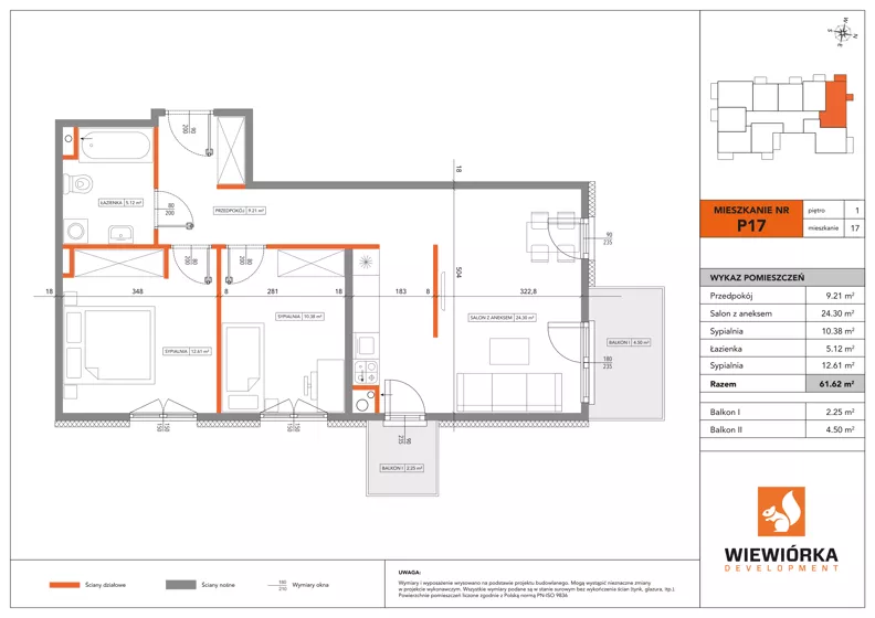3 pokoje, mieszkanie 61,62 m², piętro 1, oferta nr P17, Nowa Sportowa, Brwinów, ul. Sportowa