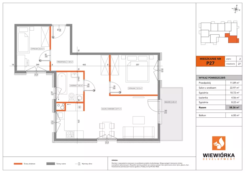 3 pokoje, mieszkanie 58,36 m², piętro 2, oferta nr P27, Nowa Sportowa, Brwinów, ul. Sportowa