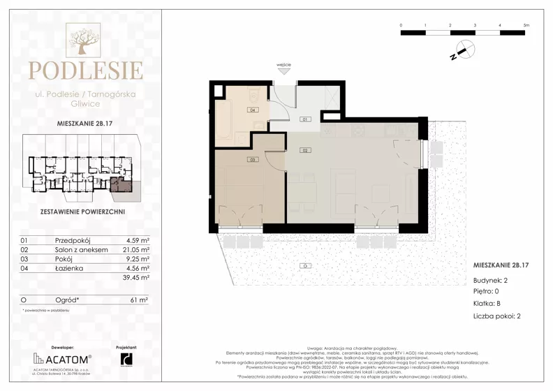 2 pokoje, apartament 39,45 m², parter, oferta nr 2B.17, Podlesie, Gliwice, Szobiszowice, ul. Tarnogórska 86