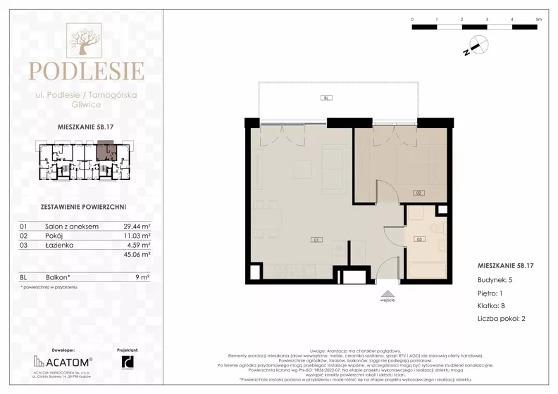 2 pokoje, apartament 45,06 m², piętro 1, oferta nr 5B.17, Podlesie, Gliwice, Szobiszowice, ul. Tarnogórska 86