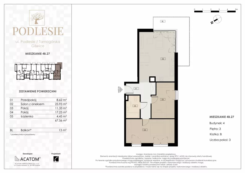 3 pokoje, apartament 67,56 m², piętro 3, oferta nr 4B.27, Podlesie, Gliwice, Szobiszowice, ul. Tarnogórska 86