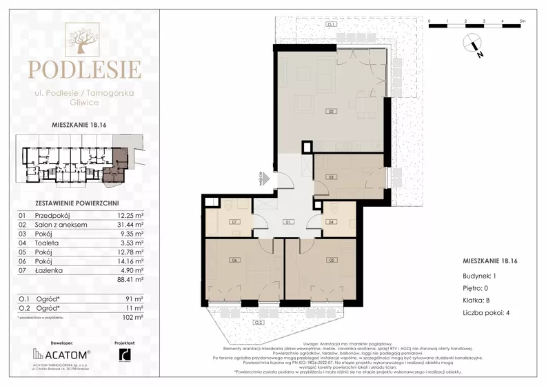 4 pokoje, apartament 88,41 m², parter, oferta nr 1B.16, Podlesie, Gliwice, Szobiszowice, ul. Tarnogórska 86