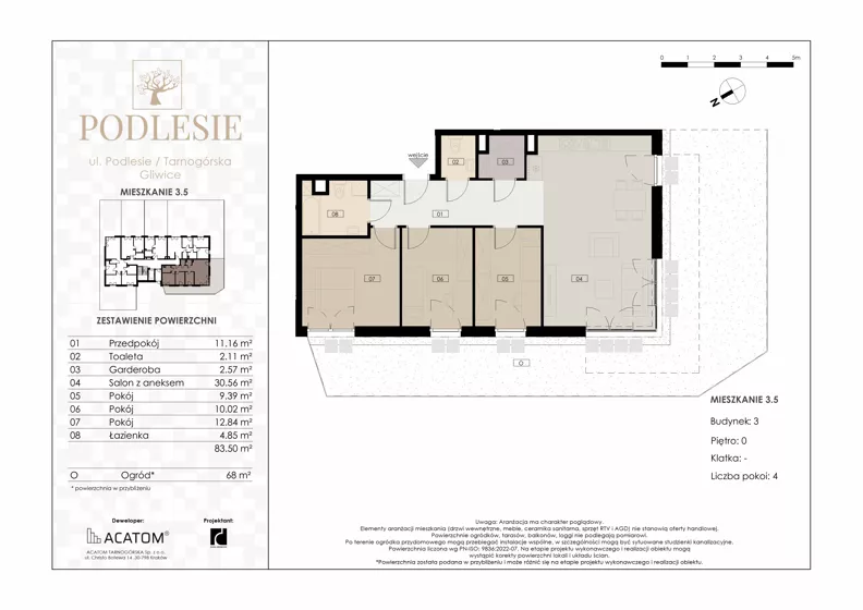 4 pokoje, apartament 83,50 m², parter, oferta nr 3.5, Podlesie, Gliwice, Szobiszowice, ul. Tarnogórska 86