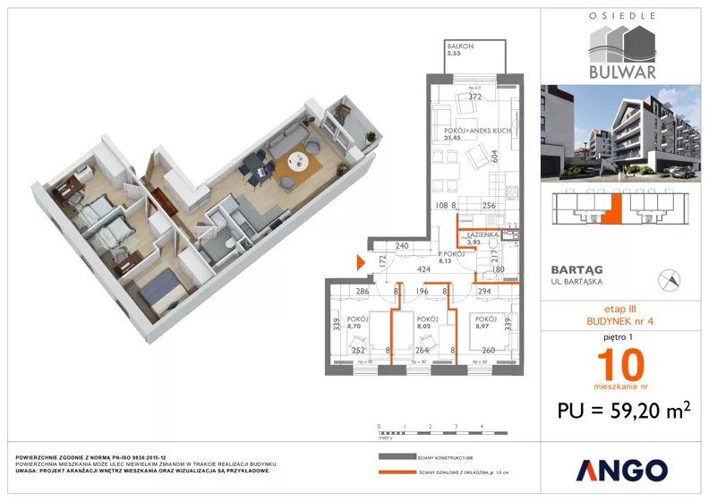 4 pokoje, mieszkanie 59,21 m², piętro 1, oferta nr 10, Osiedle Bulwar - budynek 4, Bartąg, ul. Bartąska