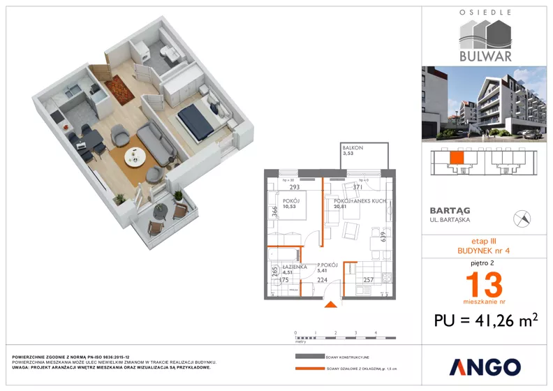 2 pokoje, mieszkanie 41,26 m², piętro 2, oferta nr 13, Osiedle Bulwar - budynek 4, Bartąg, ul. Bartąska