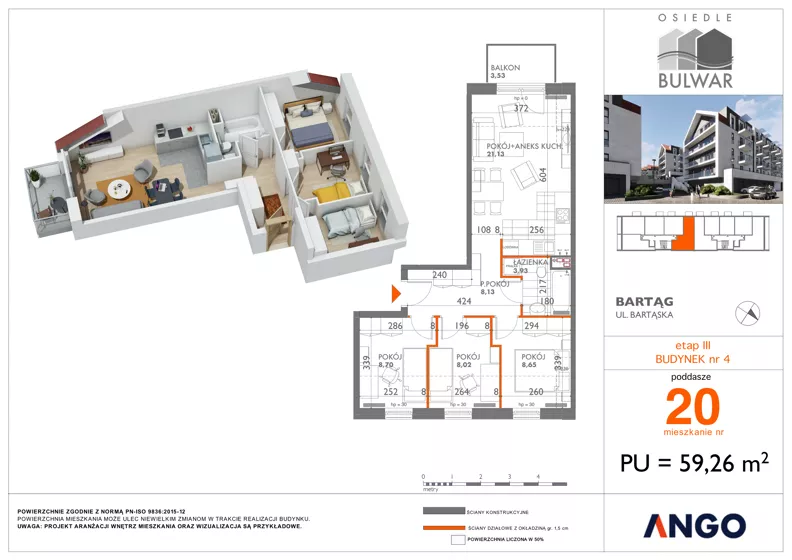 4 pokoje, mieszkanie 58,56 m², piętro 3, oferta nr 20, Osiedle Bulwar - budynek 4, Bartąg, ul. Bartąska