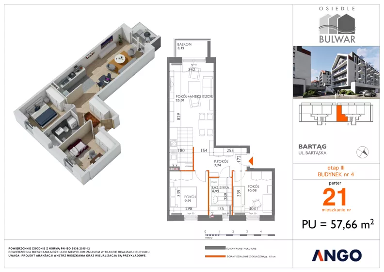 3 pokoje, mieszkanie 57,66 m², parter, oferta nr 21, Osiedle Bulwar - budynek 4, Bartąg, ul. Bartąska