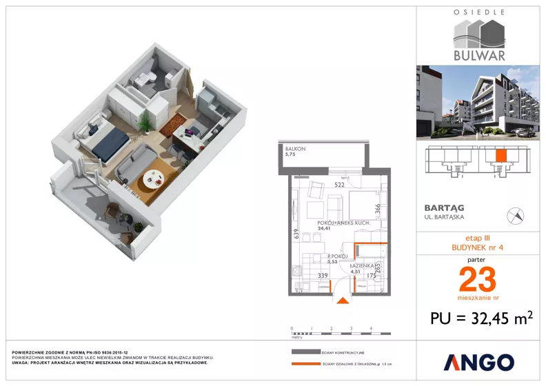 1 pokój, mieszkanie 32,45 m², parter, oferta nr 23, Osiedle Bulwar - budynek 4, Bartąg, ul. Bartąska