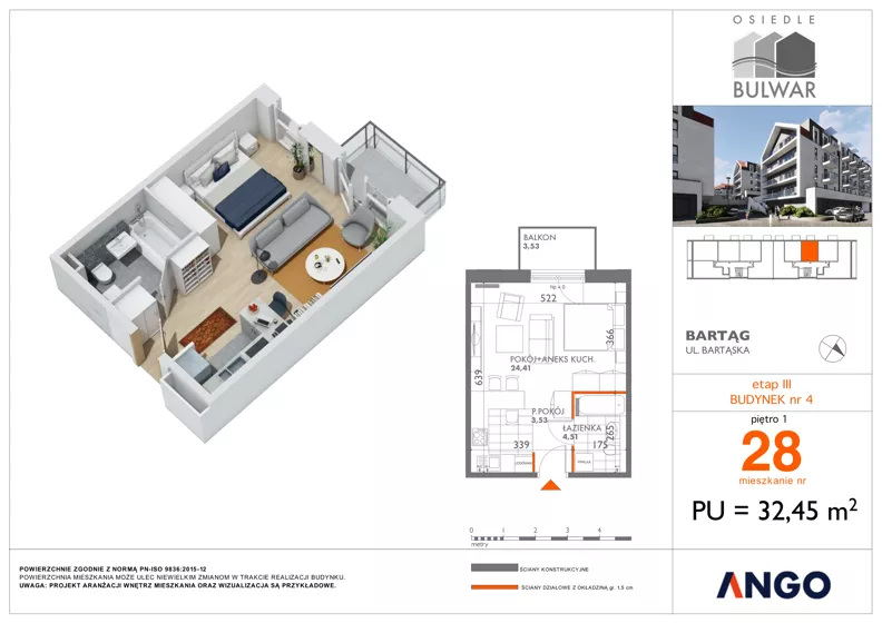 1 pokój, mieszkanie 32,45 m², piętro 1, oferta nr 28, Osiedle Bulwar - budynek 4, Bartąg, ul. Bartąska